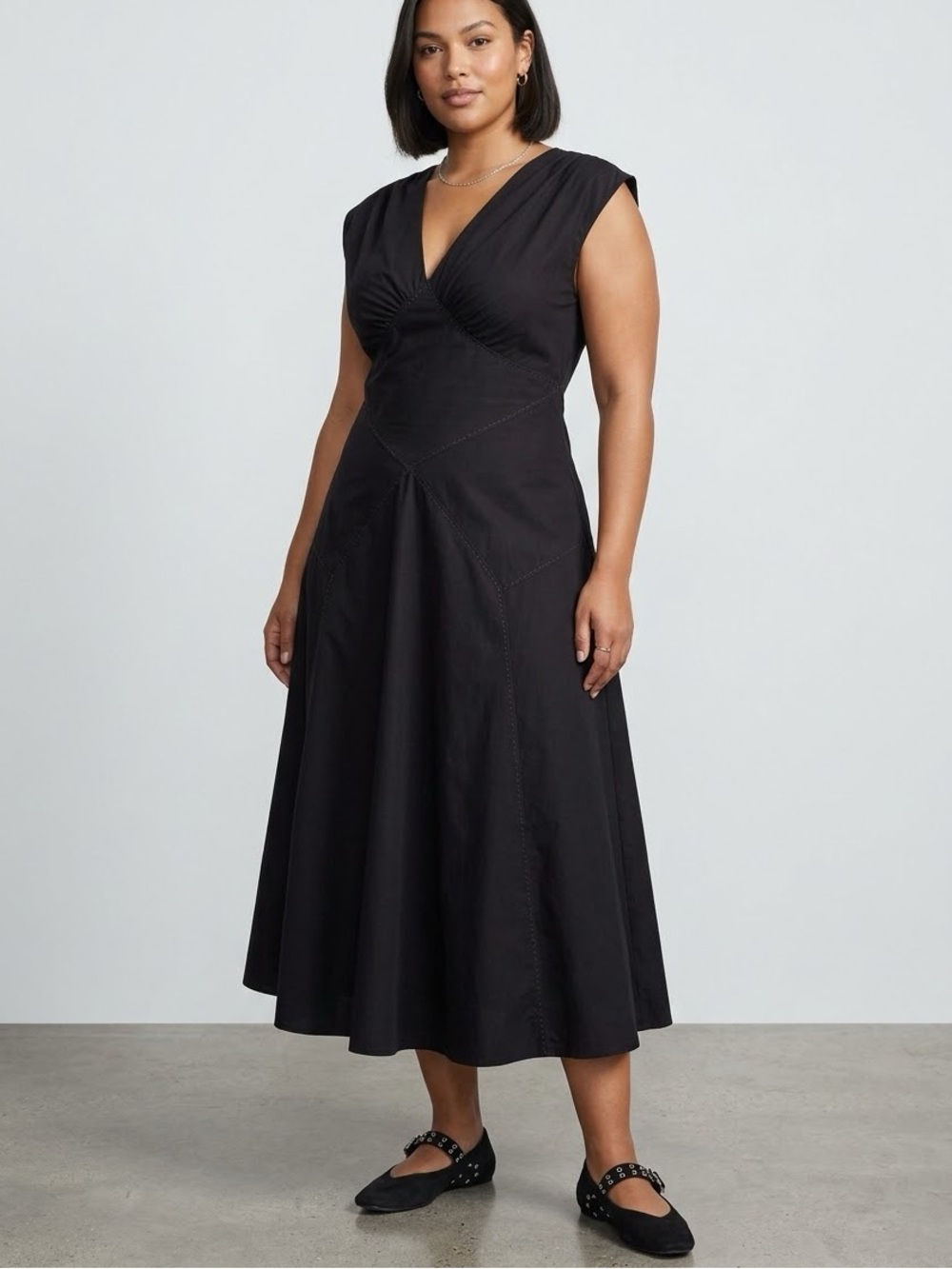 LOFT Black Cotton Topstitched Poplin Dress Size 14 NWT V Neck Long